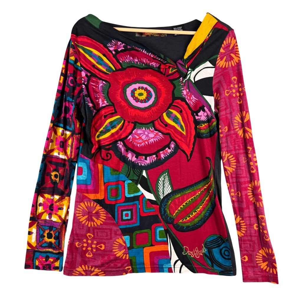 Desigual Rainbow Patchwork Floral Beaded Asymmetrical Knot Long Sleeve Top